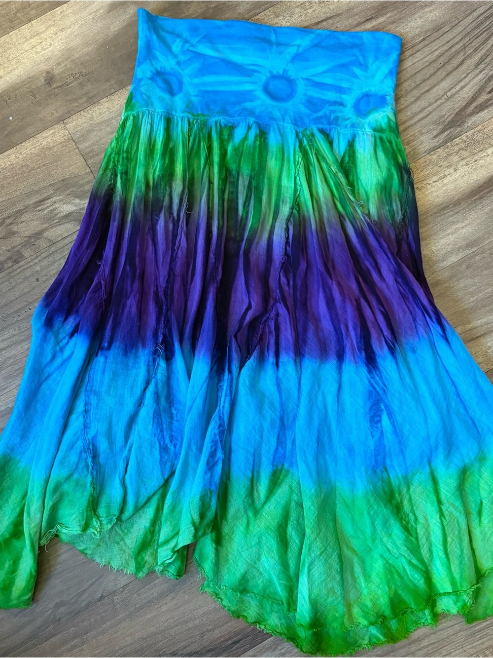 Vintage Vibrant Tie-Dye Boho Maxi Skirt in Blue, Green & Purple